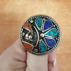 New Oversized Tribal Turquoise, Lapis Lazuli & Coral Adjustable Silver Ring.